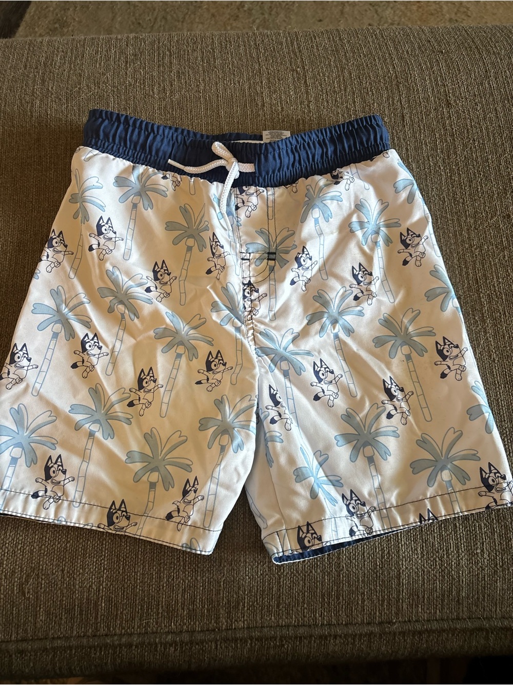 Kids Beige Swim Trunks with Light Blue Palm Print and Navy Waistband